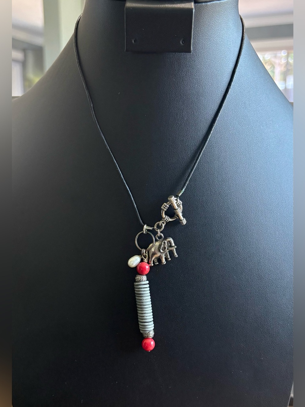Elephant Charm Necklace Genuine Pearl Accent Pendant Artisan Statement Necklace